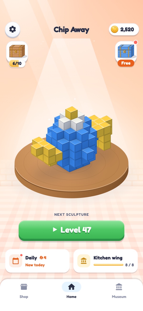 Home screen with the next sculpture and the daily puzzle